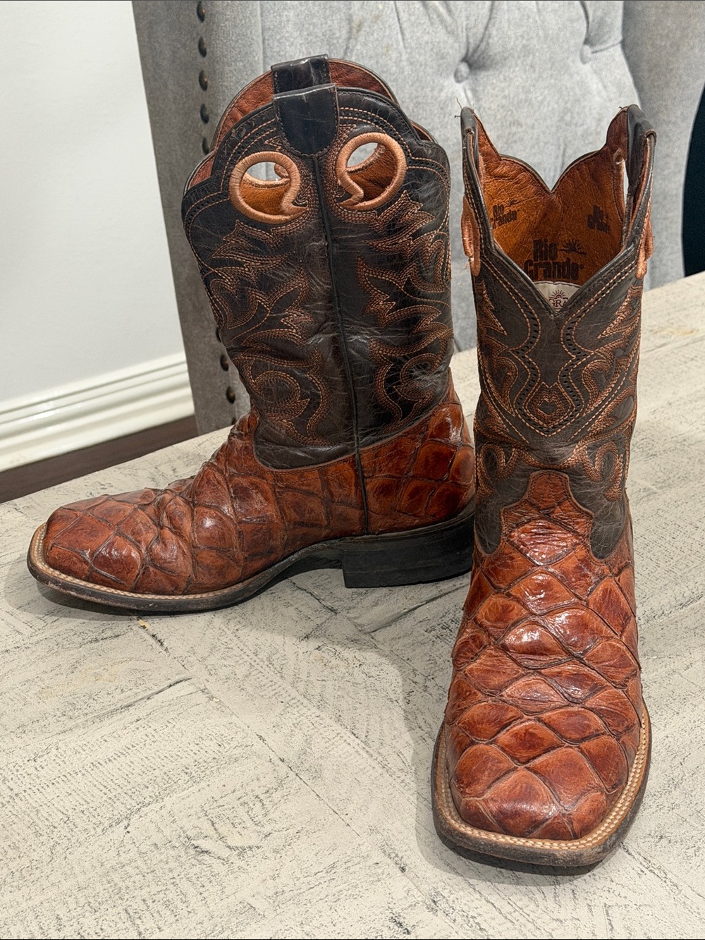 Handcrafted Brown Exotic Leather Cowboy Boots - Men 6.5